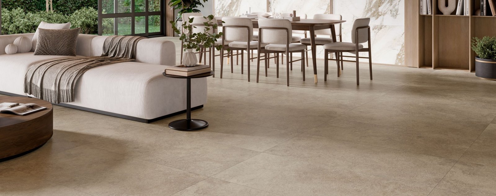Ambiance fabricant Arbia Sand : une pièce de vie lumineuse au sol effet pierre