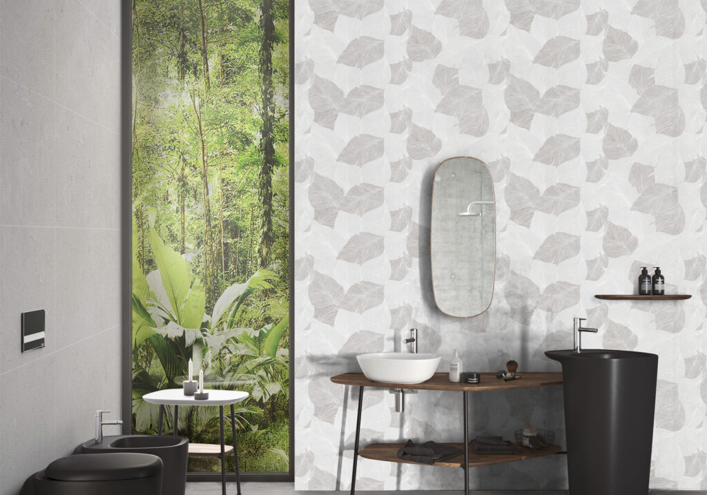 Ambiance de la collection Leaves Pearl — grès cérame Villa Ceramica