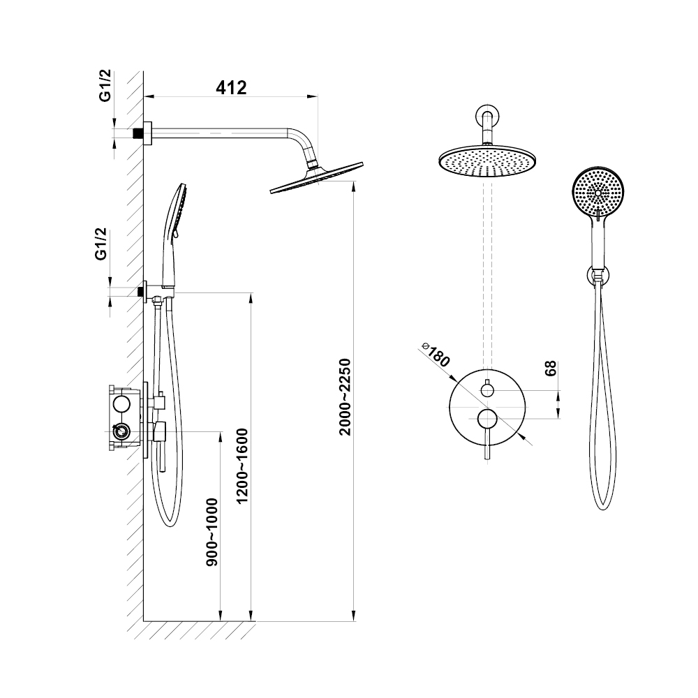 Douche encastrée Monoc. Chrome lisse — RUBICER – Image 2