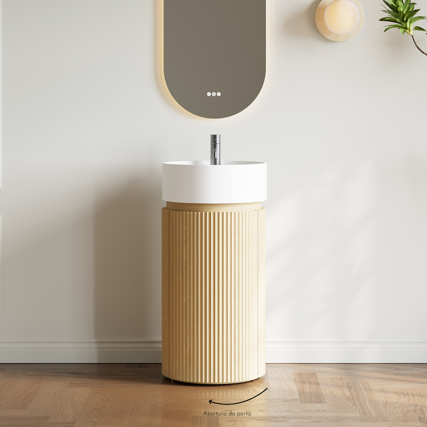 Lavabo sur pied avec meuble en chêne — Réf. RMFOCUSOAK+RSFOCUSTBRCM · Rubicer
