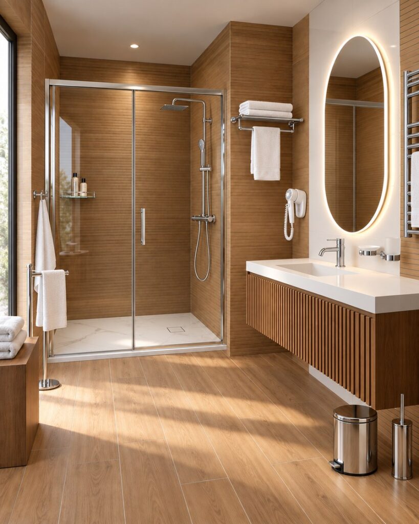 Suite bois et porcelaine · Woodlay Line Redwood et Blancos Blanco · Chrome