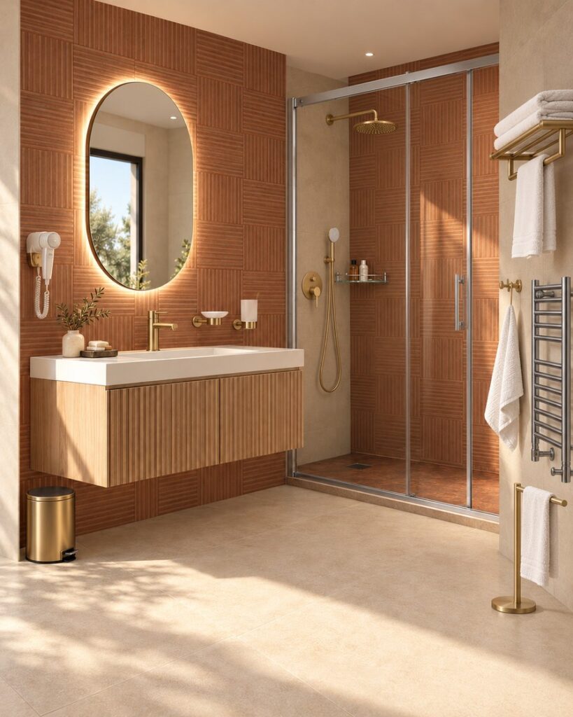Adra Block, escale terracotta · Adra Block Barro · 25 × 60 cm · Or brossé