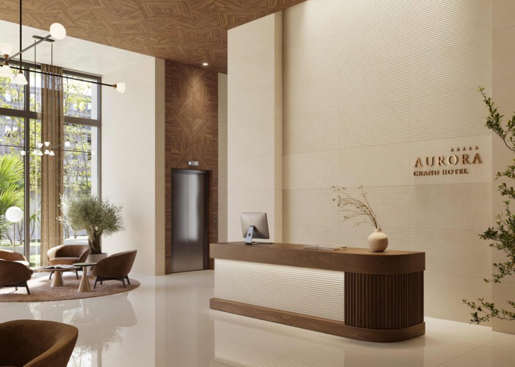 Ambiance de la collection Crema Marfil Glide — décor mural Cristacer