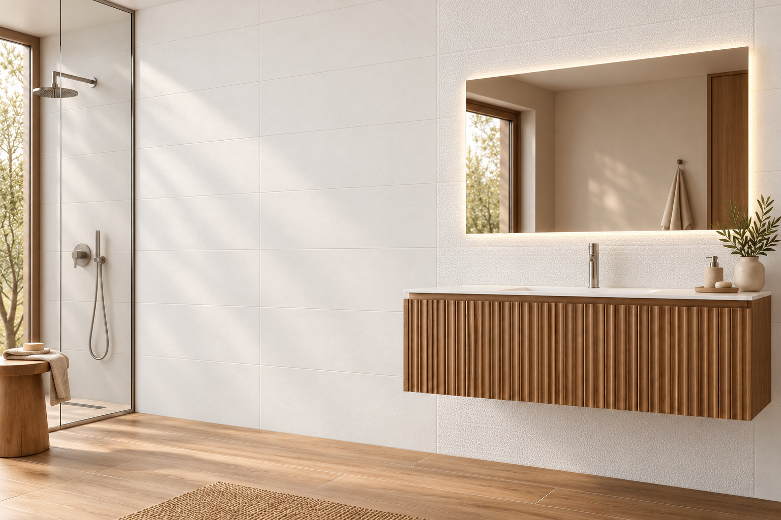 Ambiance de la collection Essentia Mosaic White — faïence Cristacer 30×90
