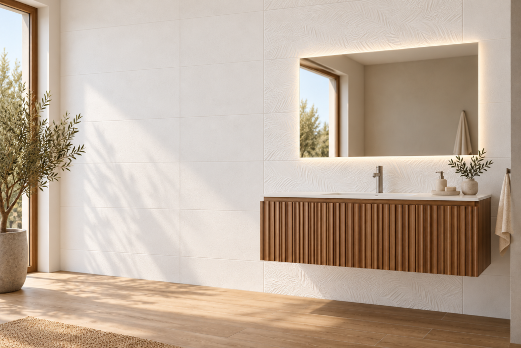 Ambiance de la collection Essentia Natura White — faïence Cristacer 30×90