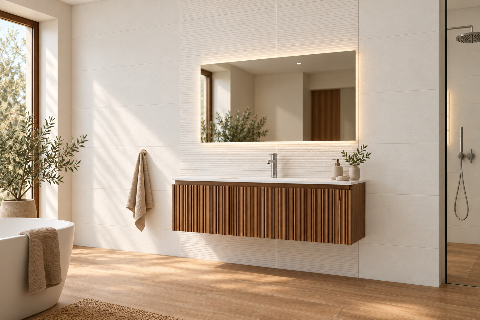 Ambiance de la collection Essentia Row White — faïence Cristacer 30×90