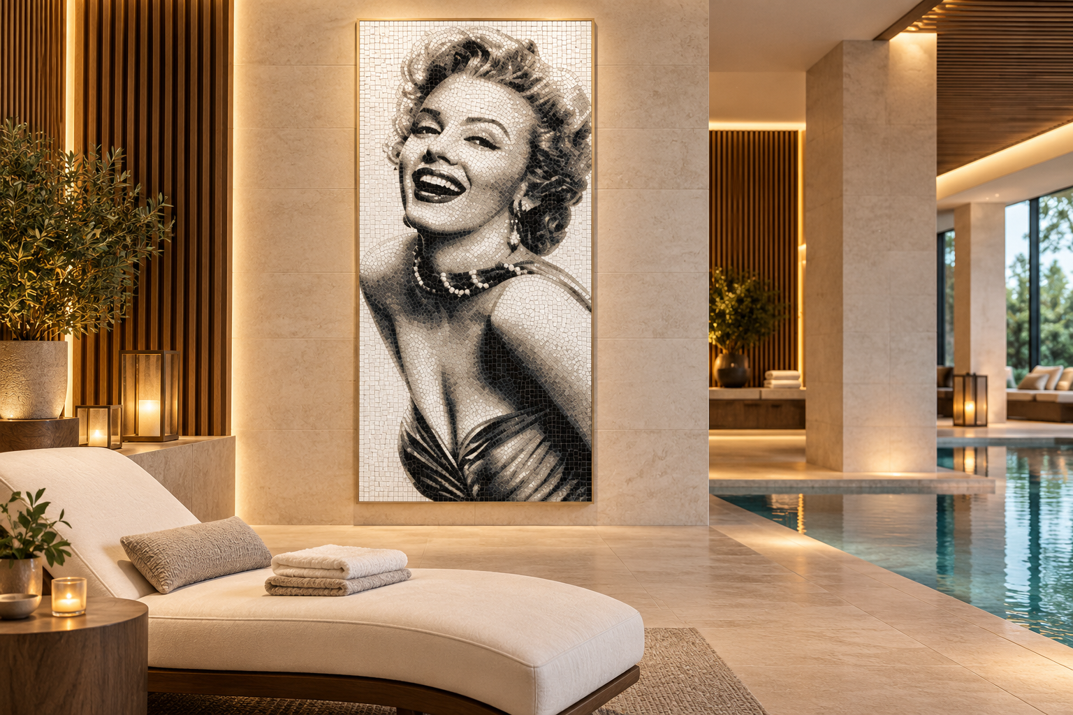 Portrait mosaïque Marilyn Monroe dans un espace détente de spa — inspiration