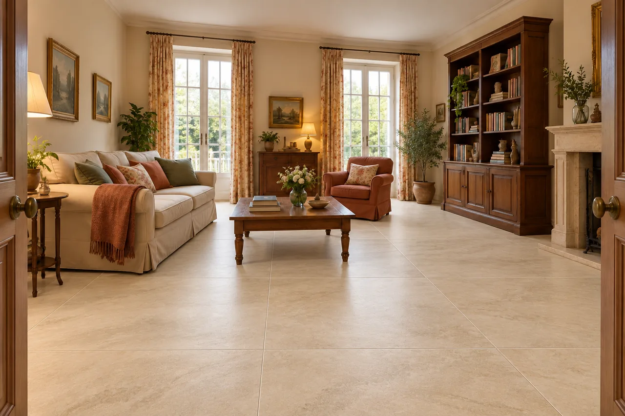 Après : salon lumineux avec Arbia Sand beige 120 × 120 cm mat au sol
